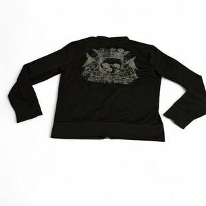 EXPRESS Y2K Men's Gothic & Grunge Black Skull Crown Crest Graphic Track Jacket